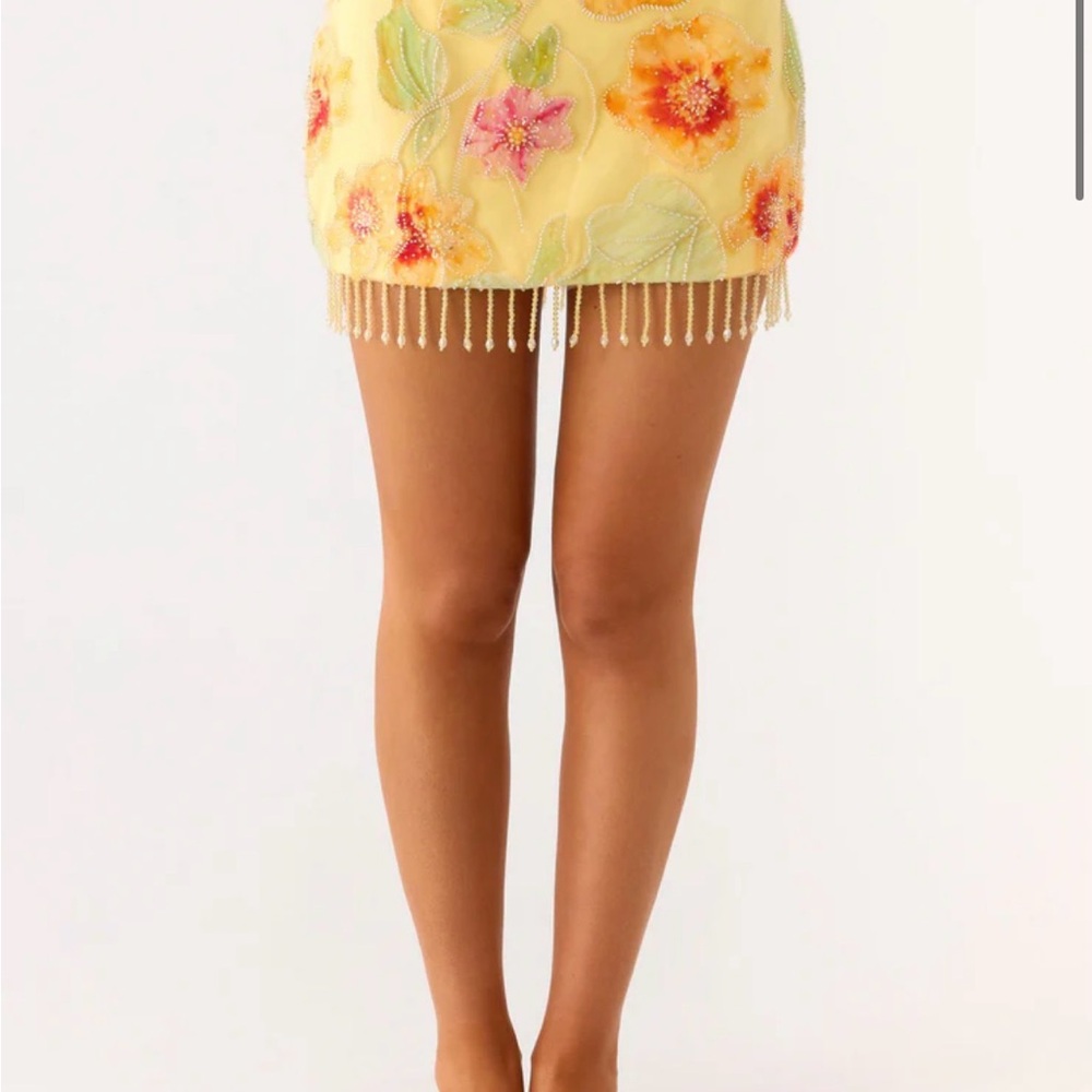 Vibrant Floral Mini Skirt with Beaded Fringe
